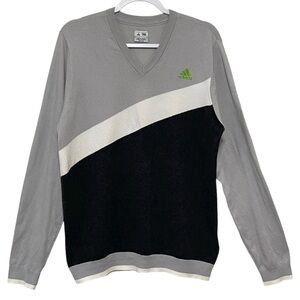 Adidas Pullover Sweater Cotton Blend V-Neck Grey Black Colorblock Preppy Size M
